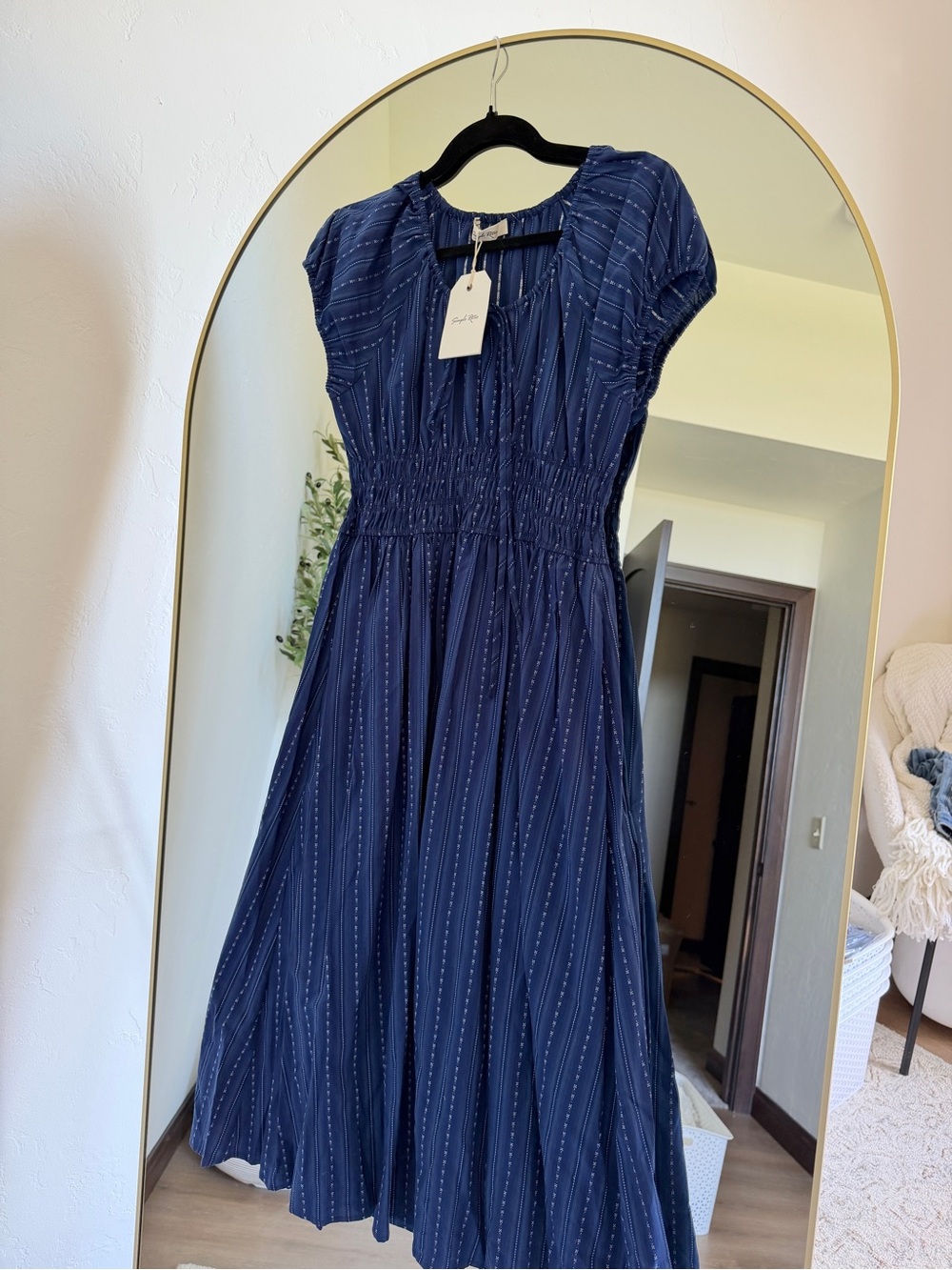 Women’s Navy Blue Midi Dress with Smocked Waist